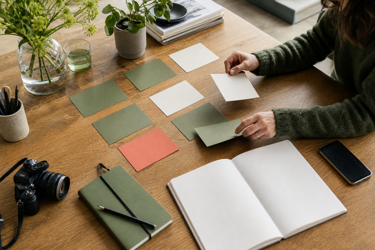 Communicatiemedewerker ordent groene en ivoorkleurige notitiekaarten op een werktafel